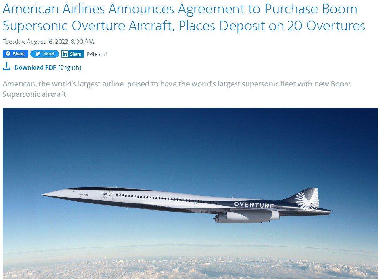 American Airlines Announces Agreement to Purchase Boom Supersonic Overture  Aircraft, Places Deposit on 20 Overtures - American Airlines Newsroom